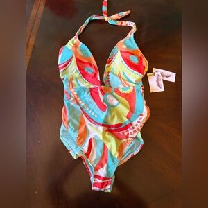 NEW Jessica Simpson Halter Tropical 1 PC Swimsuit Womens M Teal Ruched Low Back